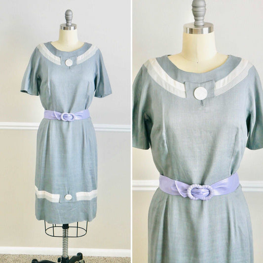 ON SALE Vintage 1950s Grey Linen Dress / 50s retro wiggle dress size M