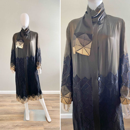 Vintage 1920s Black Satin Embroidered Coat / 20s Couture duster / Size S M