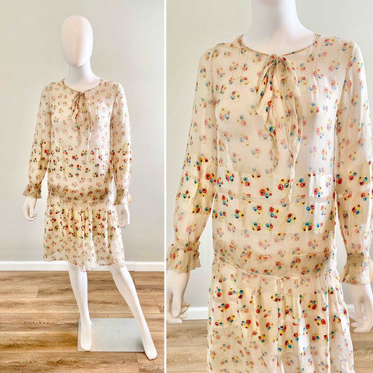 Vintage 1920s Sheer Silk Floral Dress / 20s Day Dress / Size XS