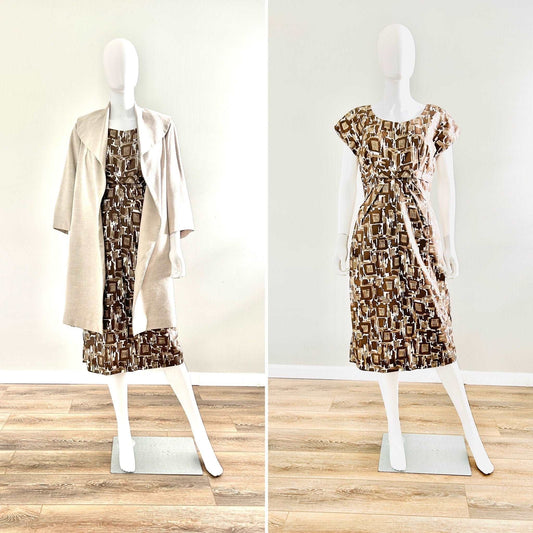 1960s Vintage Swing Coat and Dress Set / 60s acetate midcentury wiggle dress / Size M L