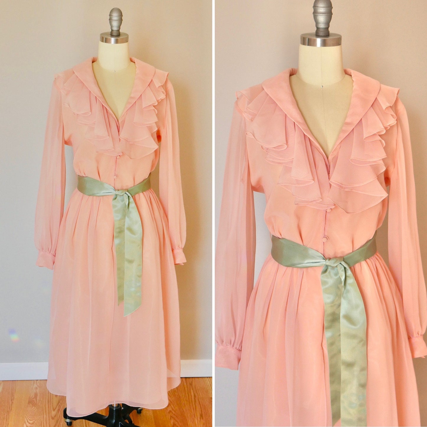 Vintage 1980s Victor Costa Pink Chiffon Dress / 80s retro sheer bishop sleeve size XS S