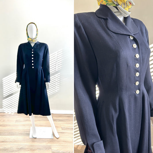 Vintage 1940s Navy Blue Princess Coat / 40s Retro Overcoat / Size XS S
