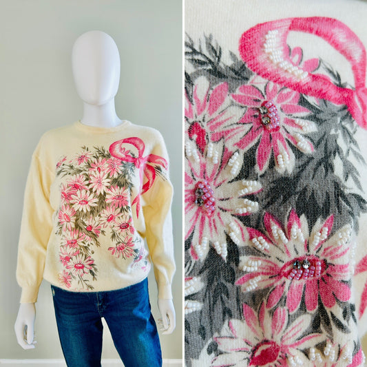 Vintage 1950s Angora Sweater / 50s Floral Print Sweater / Size M