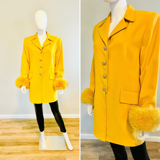 Vintage 1990s Yellow Blazer with Fur Cuffs / Vtg 90s Plus Size Blazer / Size XL