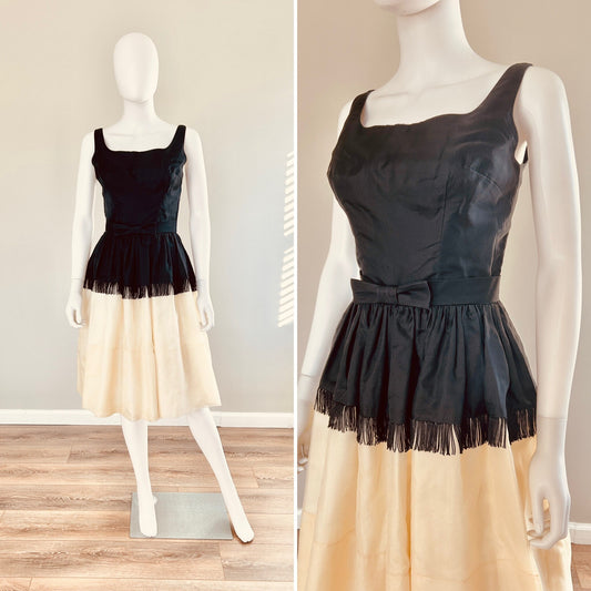Vintage 1960s Fringe Dress / 60s Retro Black and White Party Dress / Size S